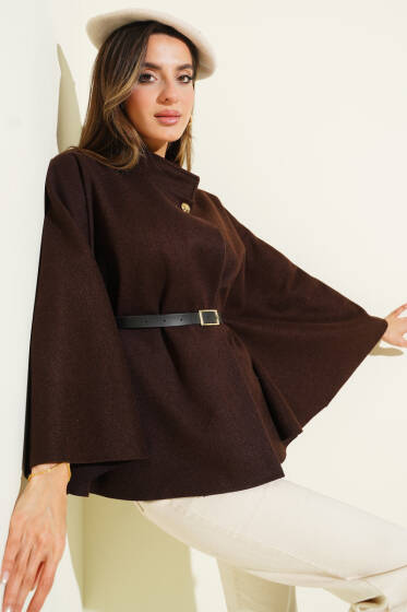 Kemer Detaylı Kaşe Panço Kahve - Kadın Giyim Modelleri