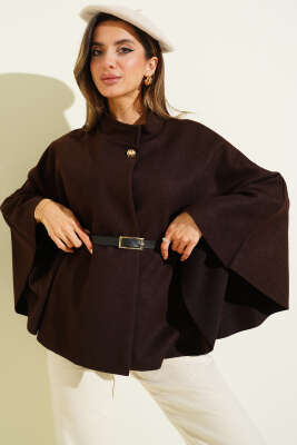 Kemer Detaylı Kaşe Panço Kahve - Kadın Giyim Modelleri