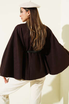 Kemer Detaylı Kaşe Panço Kahve - Kadın Giyim Modelleri