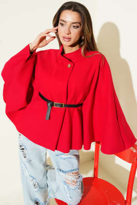 Kemer Detaylı Kaşe Panço Kırmızı 