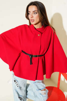 Kemer Detaylı Kaşe Panço Kırmızı - Kadın Giyim Modelleri