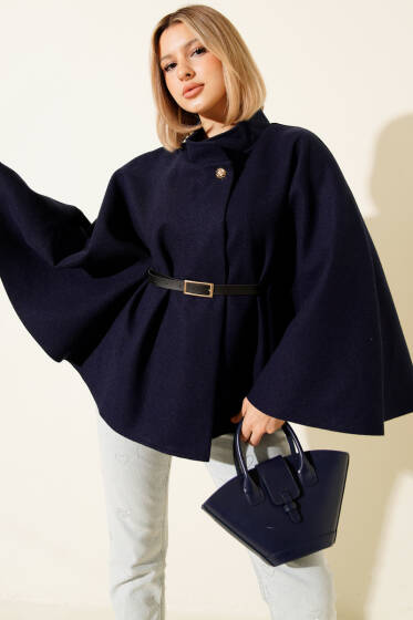 Kemer Detaylı Kaşe Panço Lacivert - Kadın Giyim Modelleri
