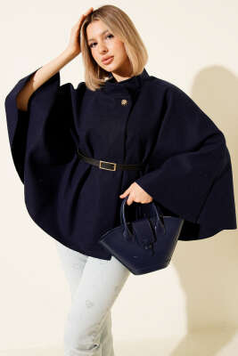 Kemer Detaylı Kaşe Panço Lacivert - Kadın Giyim Modelleri