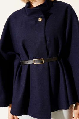 Kemer Detaylı Kaşe Panço Lacivert - Kadın Giyim Modelleri