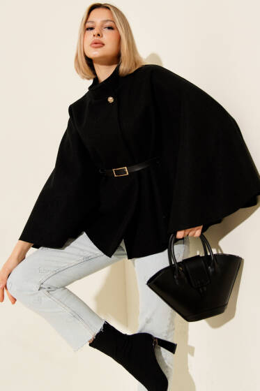 Kemer Detaylı Kaşe Panço Siyah - Kadın Giyim Modelleri