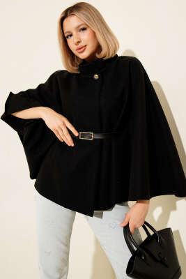 Kemer Detaylı Kaşe Panço Siyah - Kadın Giyim Modelleri