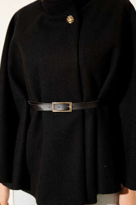 Kemer Detaylı Kaşe Panço Siyah - Kadın Giyim Modelleri