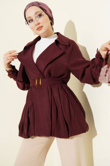Kemer Detaylı Kısa Trençkot Bordo - Trençkot