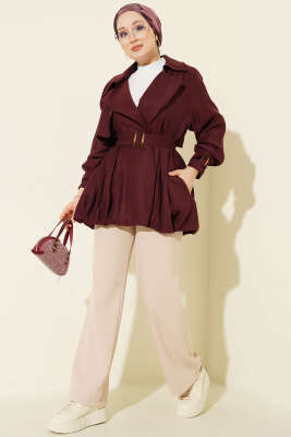 Kemer Detaylı Kısa Trençkot Bordo - Trençkot