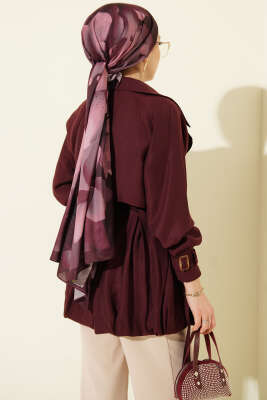 Kemer Detaylı Kısa Trençkot Bordo - Trençkot