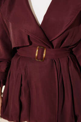 Kemer Detaylı Kısa Trençkot Bordo - Trençkot