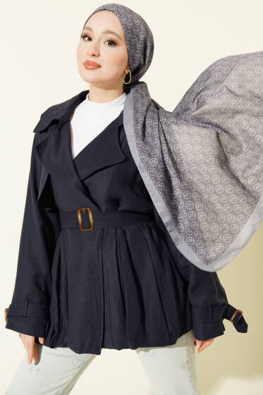 Kemer Detaylı Kısa Trençkot Lacivert - Trençkot