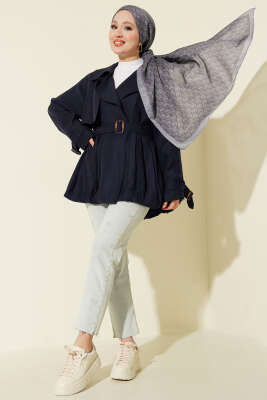 Kemer Detaylı Kısa Trençkot Lacivert - Trençkot
