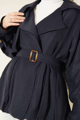 Kemer Detaylı Kısa Trençkot Lacivert - Trençkot