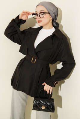 Kemer Detaylı Kısa Trençkot Siyah - ZAMANE (QSS)