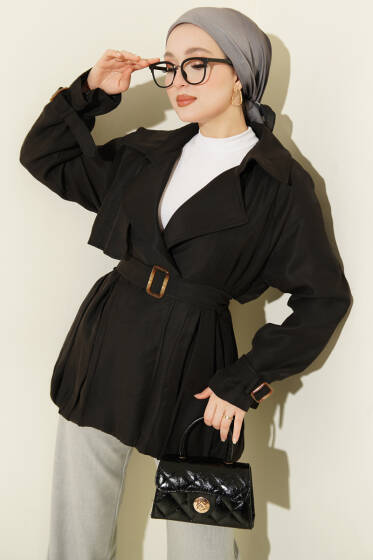 Kemer Detaylı Kısa Trençkot Siyah - Trençkot
