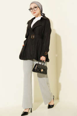 Kemer Detaylı Kısa Trençkot Siyah - Trençkot