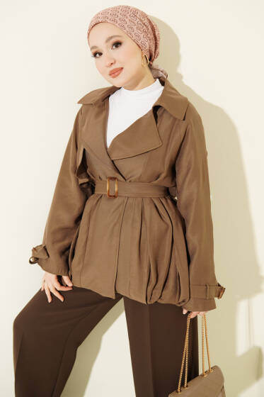 Kemer Detaylı Kısa Trençkot Vizon - Trençkot