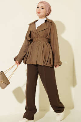 Kemer Detaylı Kısa Trençkot Vizon - Trençkot