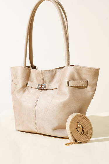 Kemer Detaylı Omuz Çantası Bej - Kol Çantası