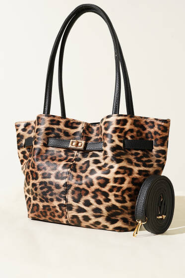 Kemer Detaylı Omuz Çantası Leopar Siyah - Kol Çantası