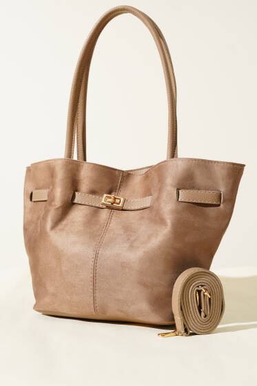 Kemer Detaylı Omuz Çantası Vizon - Kol Çantası