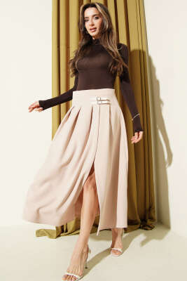Kemer Detaylı Yırtmaçlı Midi Etek Bej - LUSTRİN