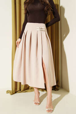 Kemer Detaylı Yırtmaçlı Midi Etek Bej - Kadın Giyim Modelleri