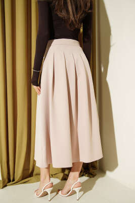 Kemer Detaylı Yırtmaçlı Midi Etek Bej - Kadın Giyim Modelleri