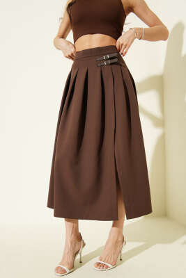 Kemer Detaylı Yırtmaçlı Midi Etek Kahve - Kadın Giyim Modelleri