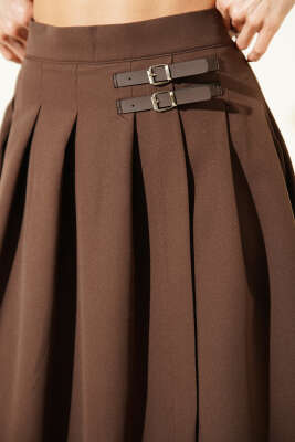 Kemer Detaylı Yırtmaçlı Midi Etek Kahve - Kadın Giyim Modelleri