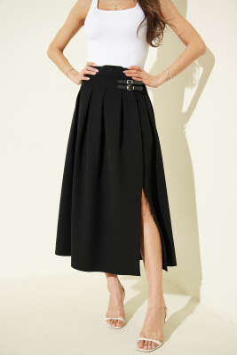 Kemer Detaylı Yırtmaçlı Midi Etek Siyah - Kadın Giyim Modelleri