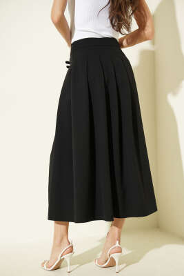 Kemer Detaylı Yırtmaçlı Midi Etek Siyah - Kadın Giyim Modelleri