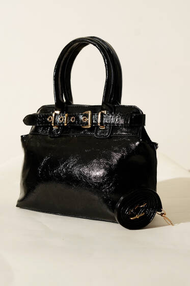 Kemer Geçiş Detaylı Parlak Çanta Siyah - Kol Çantası