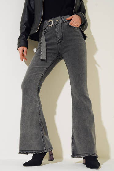 Kemer Görünümlü İspanyol Paça Jean Pantolon Orta Kar - Pantolon