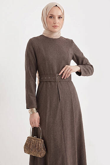 Kemer Kapaklı Kot Elbise Kahve - Elbise