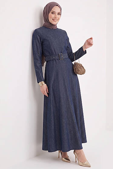 Kemer Kapaklı Kot Elbise Lacivert - Elbise