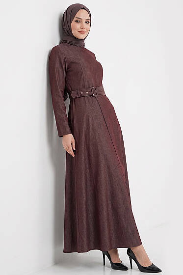 Kemer Kapaklı Kot Elbise Mürdüm - Elbise