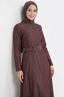 Kemer Kapaklı Kot Elbise Mürdüm - Elbise