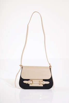 Kemer Toka Detaylı Omuz Çantası Siyah Bej - Kol Çantası