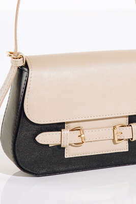 Kemer Toka Detaylı Omuz Çantası Siyah Bej - Kol Çantası