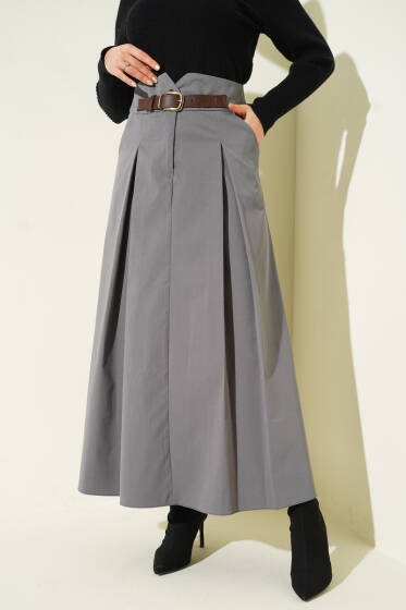 Kemer Tokalı Düğmeli Etek Füme - Etek