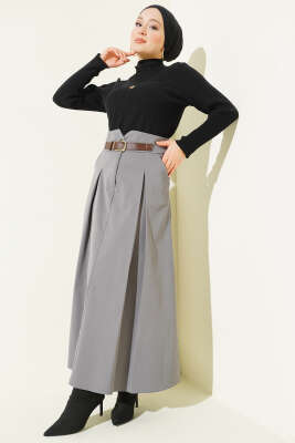 Kemer Tokalı Düğmeli Etek Füme - Etek