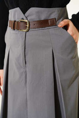 Kemer Tokalı Düğmeli Etek Füme - Etek