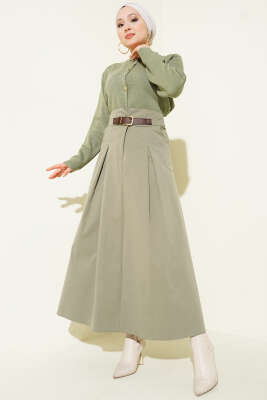 Kemer Tokalı Düğmeli Etek Haki - Etek