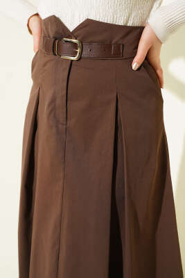 Kemer Tokalı Düğmeli Etek Kahve - Etek