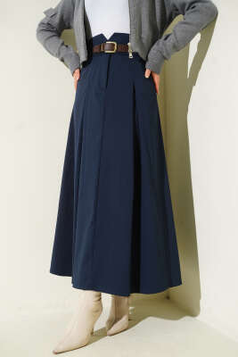Kemer Tokalı Düğmeli Etek Lacivert 
