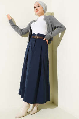 Kemer Tokalı Düğmeli Etek Lacivert - Etek