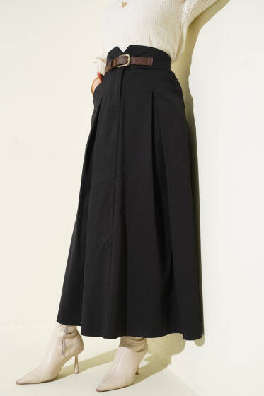 Kemer Tokalı Düğmeli Etek Siyah - Etek