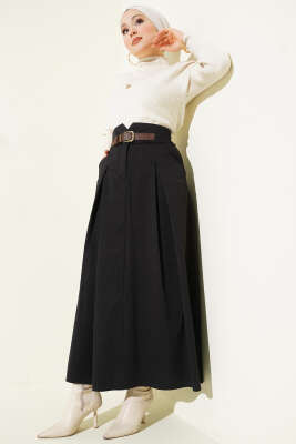 Kemer Tokalı Düğmeli Etek Siyah - Etek